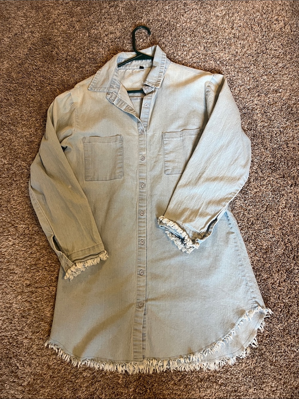 Frayed Hem Light Wash Denim Shirt Dress